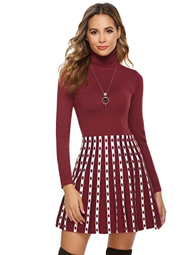 Irevial Strickkleid Damen Winterkleid Rollkragen PulloverKleid Knielang Pullikleid A-Linie Sweater Minikleider für Herbst Winter Weinrot XXL von Irevial