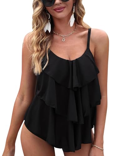 Irevial Tankini Damen Badeanzug Push up Badeanzug Tankini Sets und Badeshorts Beachwear Zweiteiler Swimsuits Bikini Set mit Slip Schwarz L von Irevial