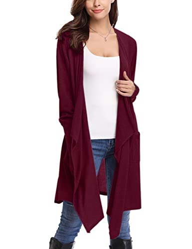 Irevial Damen Strickjacke Lang Cardigan Langarm Wasserfall Strickmantel Elegant Jacke mit Taschen von Irevial