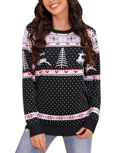 Irevial Damen Weihnachtspullover Rentiermuster Weihnachtspulli Rundhalsausschnitt Weihnachten Strickpullover Ugly Christmas Sweater Schwarz S von Irevial