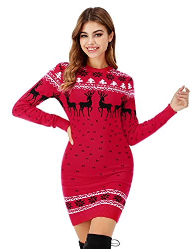 Irevial Weihnachtspullover Damen Strickkleid Rundausschnitt Basic Winterkleid Stretch Sweater Pulloverkleid Midikleid Winter Midikleid Langarm Rentier Geeignet Für Hochzeit Heiligabend L Rot von Irevial