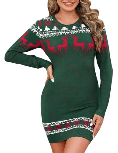 Irevial Weihnachtspullover Damen Strickkleid Rundausschnitt Basic Winterkleid Stretch Sweater Pulloverkleid Midikleid Winter Midikleid Langarm Rentier Geeignet Für Hochzeit Heiligabend XXL Grün von Irevial