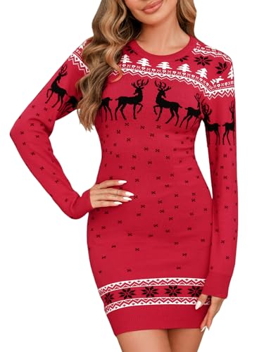 Irevial Weihnachtspullover Damen Strickkleid Rundausschnitt Basic Winterkleid Stretch Sweater Pulloverkleid Midikleid Winter Midikleid Langarm Rentier Geeignet Für Hochzeit Heiligabend XXL Rot von Irevial