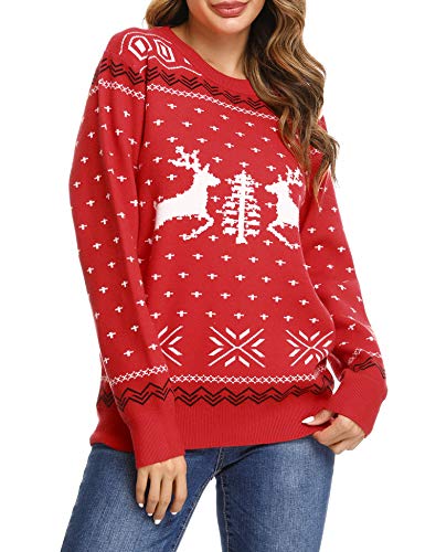 Irevial Weihnachtspullover Damen Ugly Lang Strickpulli mit Rentiermuster Rundhals Christmas Sweater von Irevial