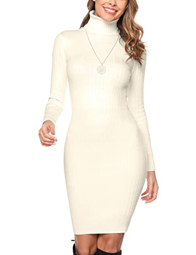 Irevial Strickkleid Damen Rollkragen Pullikleid Langarm Winterkleid Gestrickt Basic Pulloverkleid für Herbst und Winter, Creme, XXL von Irevial