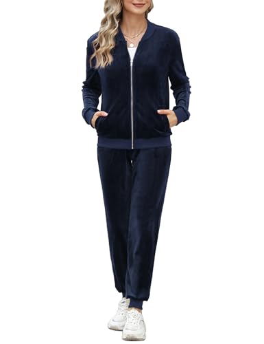 Irevial Zweiteiler Trainingsanzüge Damen Hausanzug Velours Warme Freizeitanzug Nicki Sportanzug für Frühling Herbst Winter Navy Blau XXL von Irevial