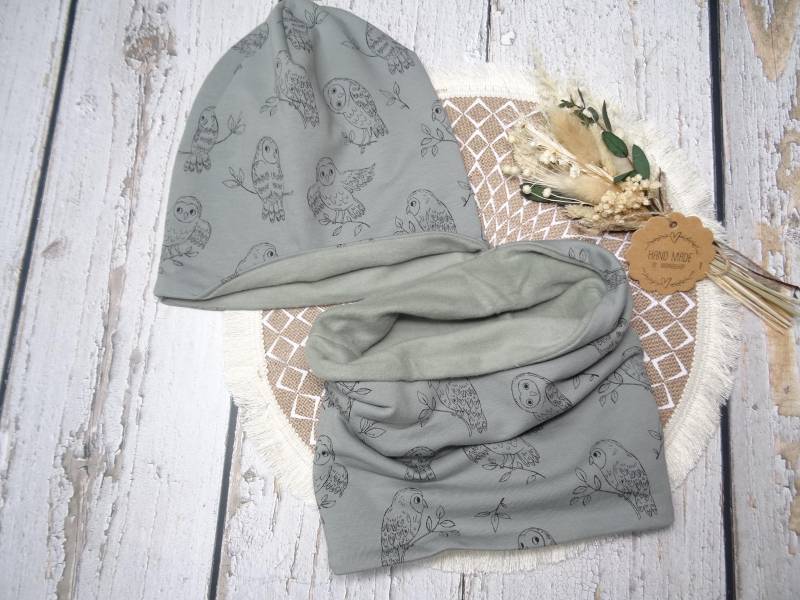 Sweat Wendebeanie Loop Set Wunschgröße "Eulen" Khaki, Rosa von IriannaShop