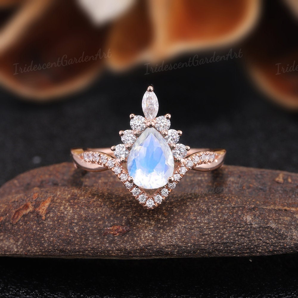 Birnchen Mondstein Verlobungsring Einzigartige Krone Ring Art Deco Frauen Schmuck Ehering Rosegold Brautring Jahrestag Geschenk Für Sie von IridescentGardenArt