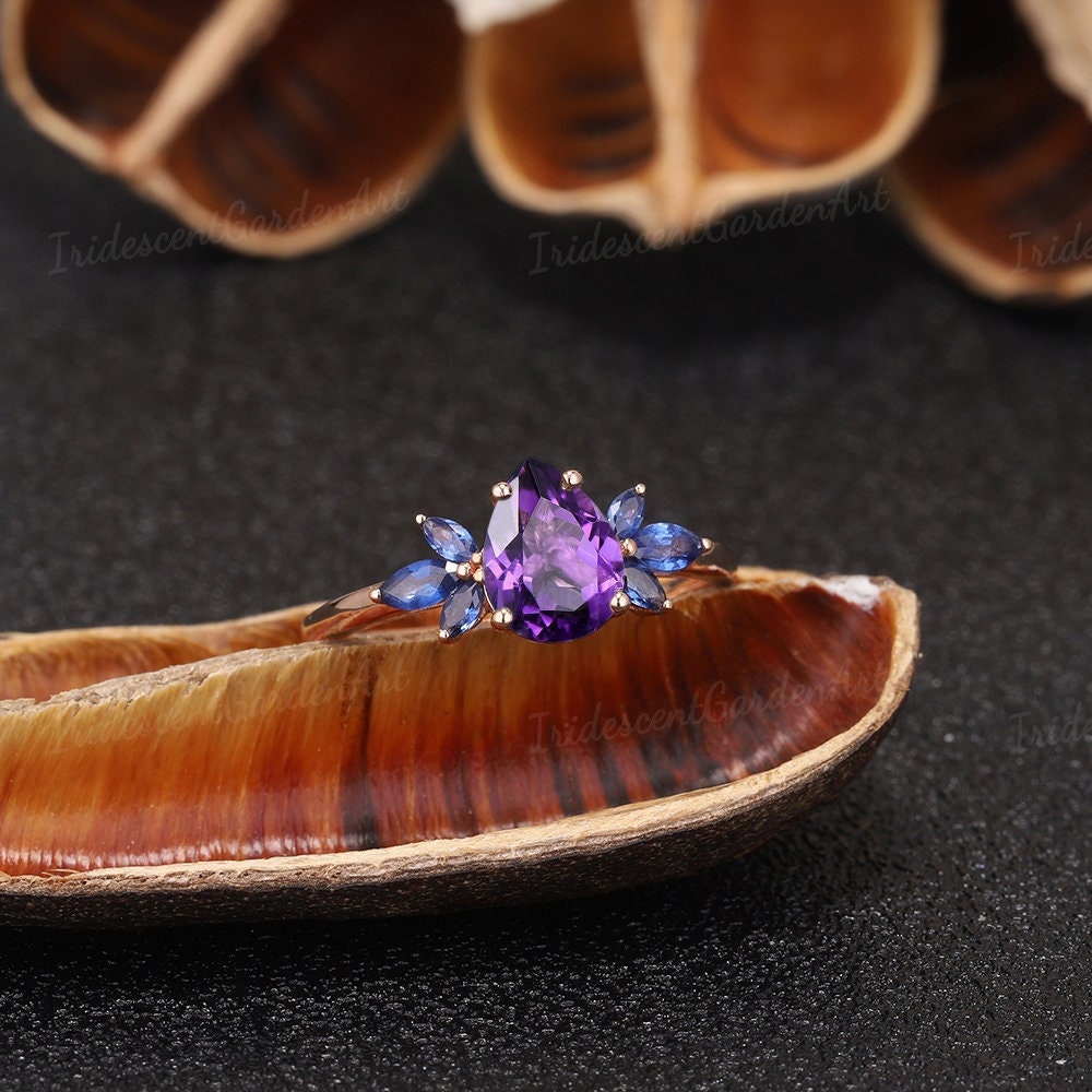 Einzigartige Amethyst-Verlobungsringe, Marquise-Saphir-Flügelförmiger Ehering, Vintage-Ring Mit Geburtsstein Februar, Jubiläumsgeschenke Für Frauen von IridescentGardenArt