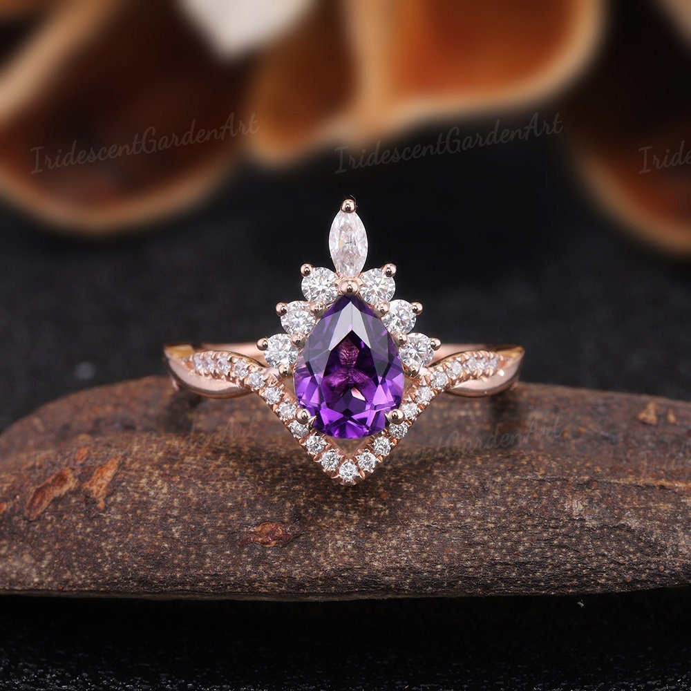 Vintage Amethyst Verlobungsringe Februar Geburtsstein Ring Art Deco Kristall Einzigartige Moissanit Halbe Ewigkeit Eheringe Für Frauen von IridescentGardenArt