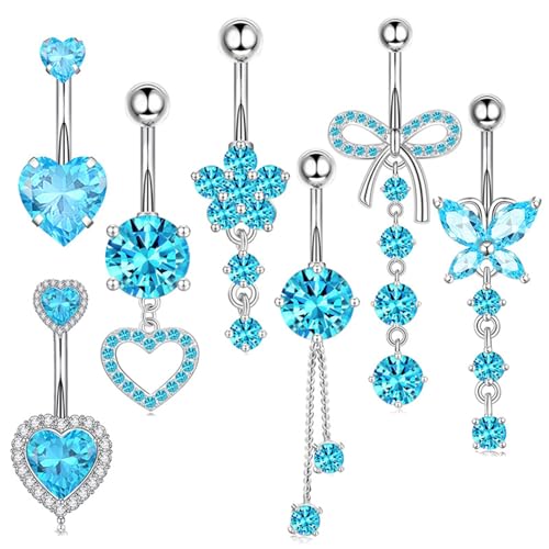 Irikdescia 7 Stück Bauchnabelpiercing Set, Edelstahl Zirkonia Hängend Herz Piercing Bauchnabel Belly Button Ring Wasserfest, Bauchpiercing Schmuck Frauen(Blau) von Irikdescia
