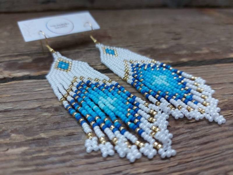 Blaue Rocailles Perlen Fransen Ohrringe, Boho Perlenschmuck von IrinaJewelryBox