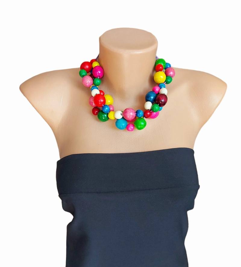 Bunte Chunky Holzperlen-Halskette Regenbogen-statement-Schmuck von IrinaJewelryBox