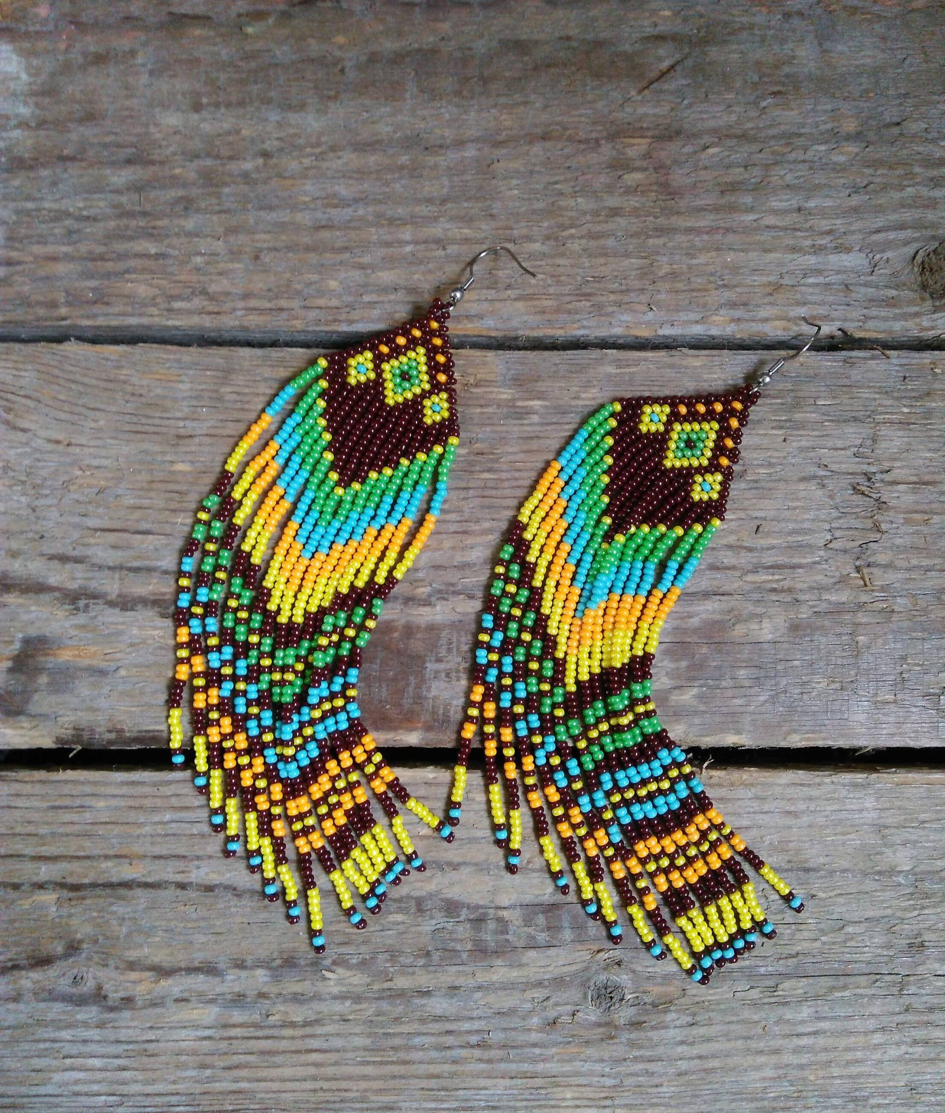 Lange Rocailles Perlen Ohrringe Boho Fransen Braun, Grün & Gelb von IrinaJewelryBox