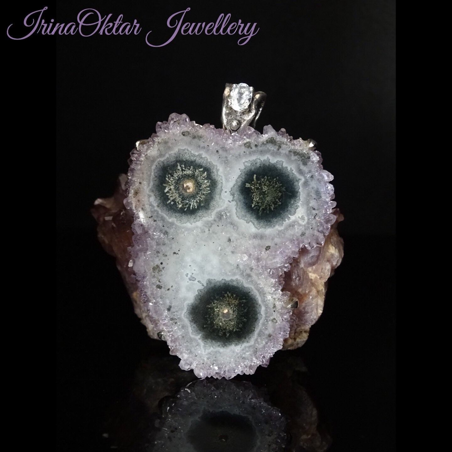 76, 85Ct Light Amethyst Solar Quartz, Echter Aquamarin 925 Silber Anhänger von IrinaOktarJewellery