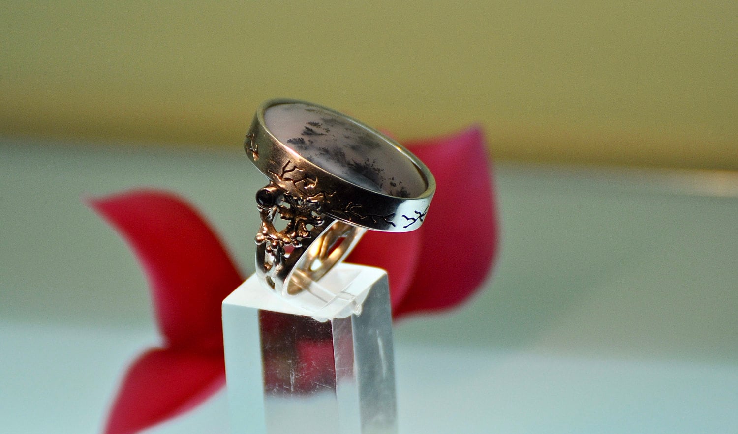 Dendritenachat-Ring Aus Sterlingsilber Mit Echtem Saphir von IrinaOktarJewellery
