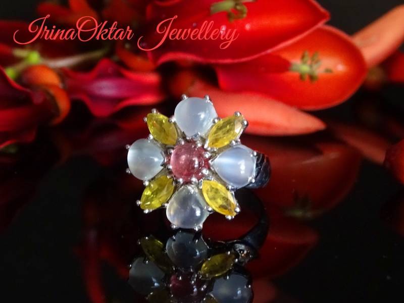 Eleganter 925Er Sterlingsilber Blumen-Cocktailring Mit Mondsonne, Citrine, Turmalin, Orange Saphire von IrinaOktarJewellery