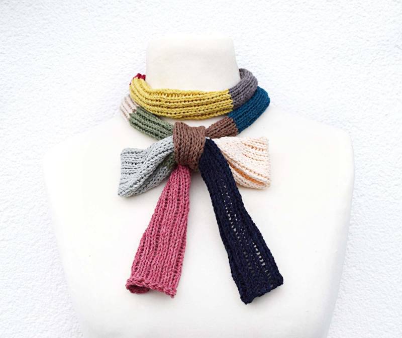 Colorful Striped Skinny Scarf Lightweight Knit Linen Summer Thin Long von IrinasSTRICKMODE