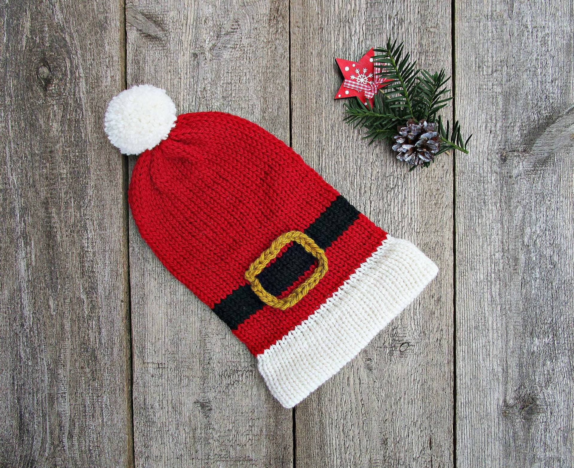 Knit Christmas Hat Santa Red Photo Prop Adult Claus Pom Pom & White Outfit von IrinasSTRICKMODE