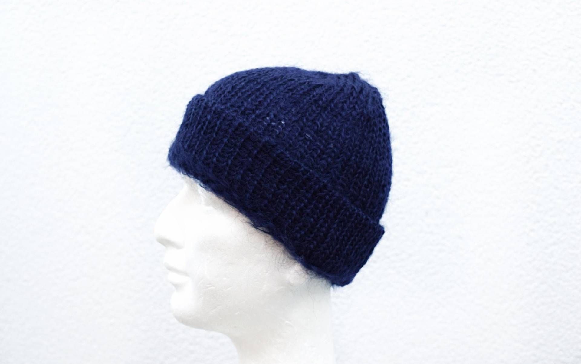 Mens Blue Mohair Beanie Warm Hand Knit Winter Hat Soft Fuzzy For Men Chunky Snug Fit von IrinasSTRICKMODE