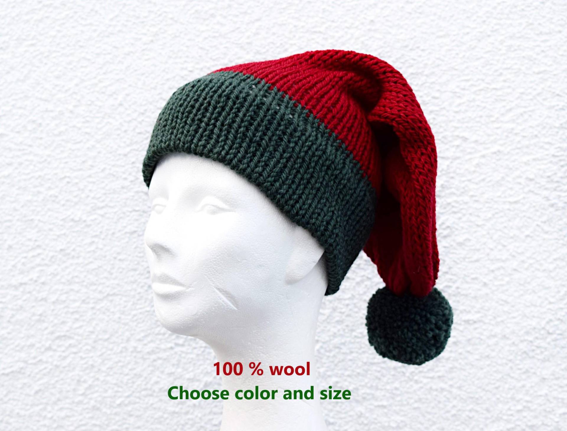 Santa Beanie Wool Knit Christmas Beanie Hat Red Green Hand Holiday Winter von IrinasSTRICKMODE