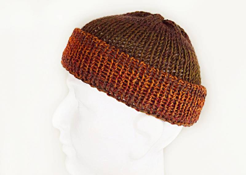 Wool Fisherman Beanie Brown Orange Docker Knit Short Knitted Watchman Cap von IrinasSTRICKMODE