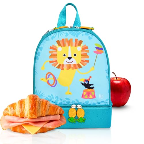 Iris Barcelona 2-in-1 Kinderrucksack mit thermoinsulierter Kühltasche, Löwen-Design, Lunchtasche für Kinder, mit verstellbarem Griff und Schlüsselanhänger, ideal für Kindergarten, Ausflüge, Strand und von Iris Barcelona