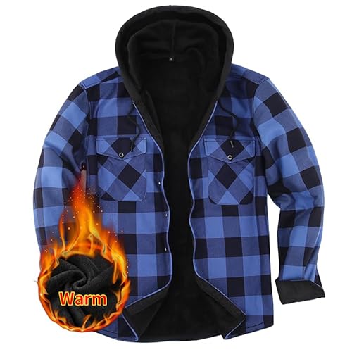 Hemdjacke Herren Kapuze Kariert Wattiert Jacke Holzfällerhemd Herren Hemden Frühling und Herbst Thermohemd Herren (Blau, XXL) von Iris Sprite