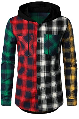 Herren Hemd Kapuzenhemd Kapuzenpullover Langramshirt Kariert Freizeithemd Spleißhülse Shirt(Mehrfarbig A-RD, M) von Iris Sprite