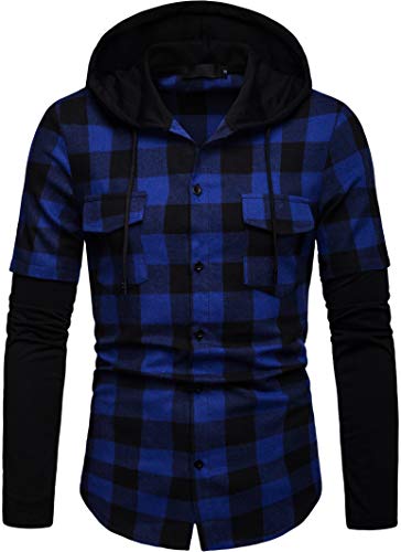 Herren Hemd Kapuzenhemd Kapuzenpullover Langramshirt Kariert Freizeithemd Spleißhülse Shirt (Blau, M) von Iris Sprite