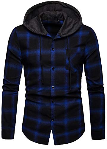 Herren Hemd Kapuzenhemd Kapuzenpullover Langramshirt Kariert Freizeithemd Spleißhülse Shirt (Blau - A112, XXL) von Iris Sprite