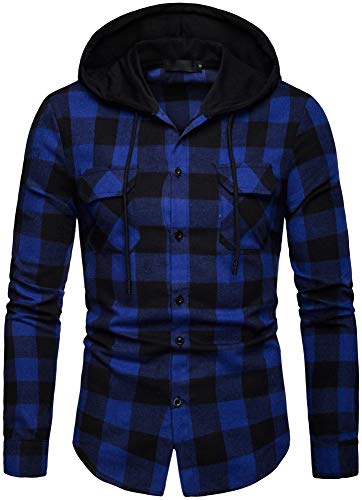 Herren Hemd Kapuzenhemd Kapuzenpullover Langramshirt Kariert Freizeithemd Spleißhülse Shirt (Blau - A115, L) von Iris Sprite