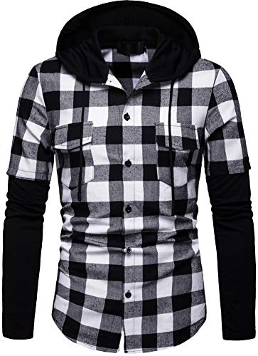 Herren Hemd Kapuzenhemd Kapuzenpullover Langramshirt Kariert Freizeithemd Spleißhülse Shirt (Schwarz und weiß, L) von Iris Sprite