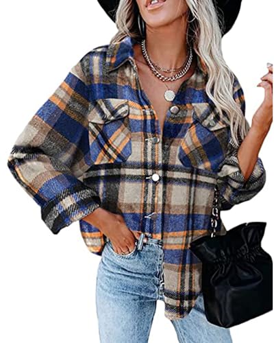 Iris Sprite Damen Hemdjacke Karierte Shacket Langarm Hemd Flanell Kariertes Hemd für Damen(Blau, X-Large) von Iris Sprite