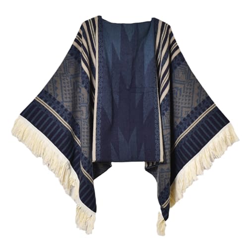 Iris Sprite Damen Pullover Poncho Ethno Stil Poncho für Frauen Quasten Strickschals und Wraps Capes, marineblau, Einheitsgröße von Iris Sprite
