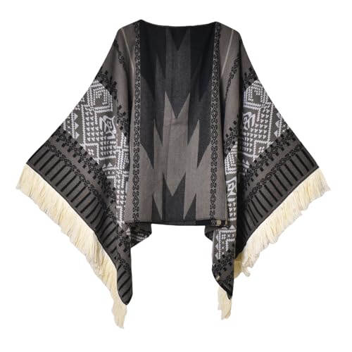 Iris Sprite Damen Pullover Poncho Ethno Stil Poncho für Frauen Quasten Strickschals und Wraps Capes, schwarz grau, Einheitsgröße von Iris Sprite
