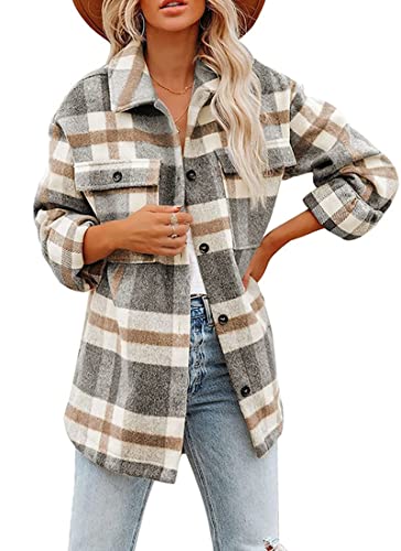 Iris Sprite Flanell Kariertes Hemd für Damen Langarmhemden Button Down Cordhemd Shackets (Kariertes Grau, X-Large) von Iris Sprite