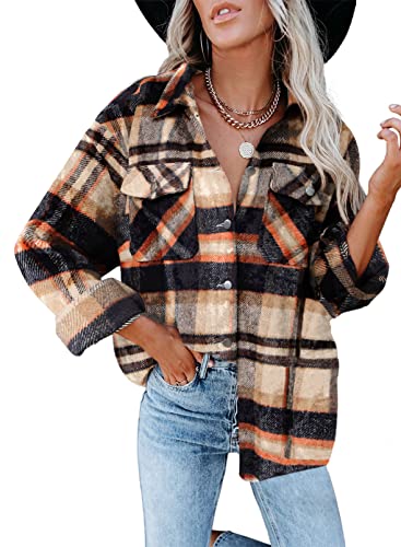 Iris Sprite Flanell Kariertes Hemd für Damen Langarmhemden Button Down Cordhemd Shackets (Kariertes Orange, X-Large) von Iris Sprite