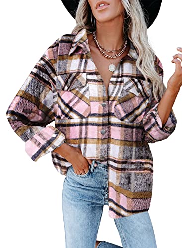 Iris Sprite Flanell Kariertes Hemd für Damen Langarmhemden Button Down Cordhemd Shackets (Kariertes Rosa, Medium) von Iris Sprite