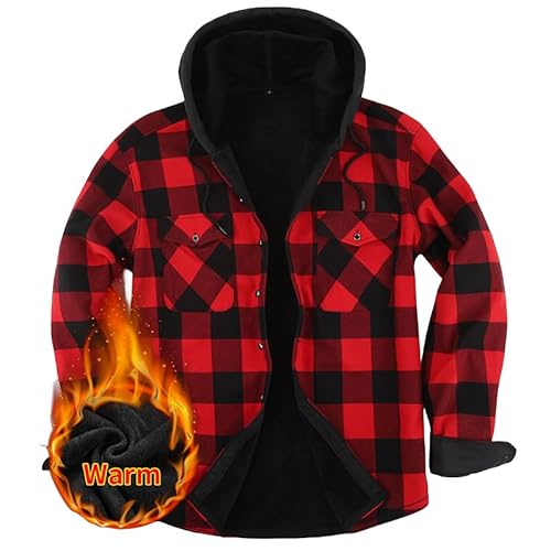 Iris Sprite Hemdjacke Herren Kapuze Kariert Wattiert Jacke Holzfällerhemd Herren Hemden Frühling und Herbst Thermohemd Herren (Rot, 3XL) von Iris Sprite