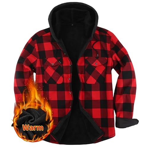 Iris Sprite Hemdjacke Herren Kapuze Kariert Wattiert Jacke Holzfällerhemd Herren Hemden Frühling und Herbst Thermohemd Herren (Rot, L) von Iris Sprite