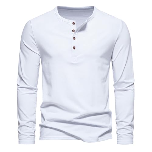 Iris Sprite Herren Casual Henley Langarm T-Shirt Pullover Slim Fit Shirts Halb Knöpfe Kragenlos Polo T Shirts Frühling Herbst(Weiß,XL) von Iris Sprite