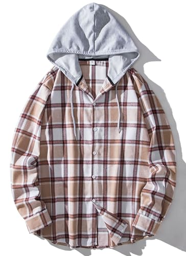 Iris Sprite Herren Hemd Kapuzenhemd Kapuzenpullover Langramshirt Kariert Freizeithemd Spleißhülse Shirt (Khaki-A116, M) von Iris Sprite