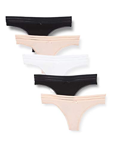 Iris & Lilly Damen Tangahöschen aus Baumwolle mit Spitzendetail, 5er-Pack, Schwarz/Staubrosa/Weiß, 38 von Iris & Lilly