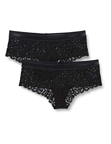 Iris & Lilly Damen Freches Hipster-Höschen aus Spitze mit Besatzdetail, 2er-Pack, Schwarz, 36 von Iris & Lilly