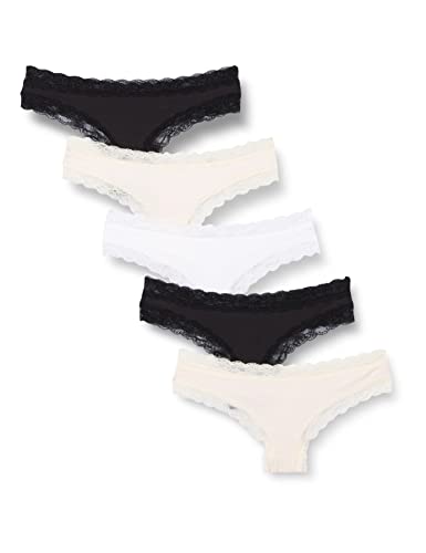 Iris & Lilly Damen Tanga-Unterwäsche Baumwolle und Spitze, 5er-Pack, Schwarz/Blassrosa/Weiß, 36 von Iris & Lilly