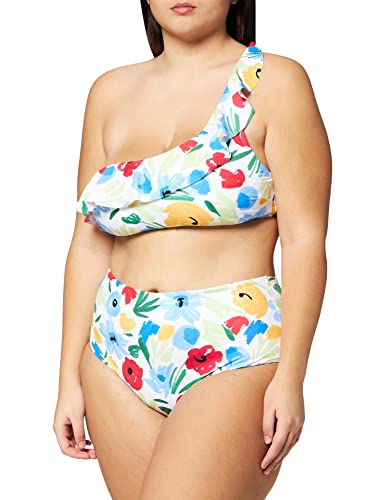 Iris & Lilly Damen Gepolsterter One-Shoulder-Bikini mit Hohem Bund, Weiß Blumenaufdruck, 38 von Iris & Lilly