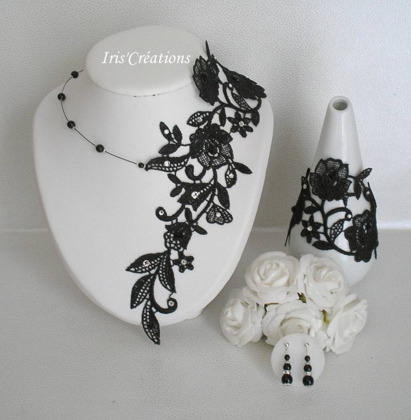 Amalia Hochzeit Schwarze Spitze Perlen Und Strass Swarovski 3 Stück von IriscreationsBijoux