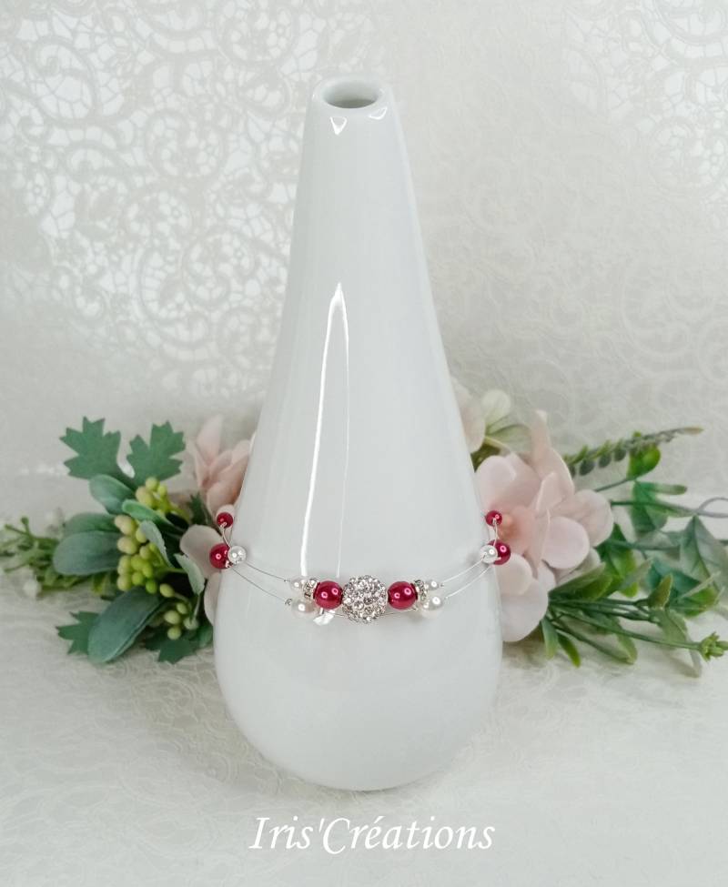 Bora Hochzeitsarmband Strass Weiße Und Rote Perlen von IriscreationsBijoux