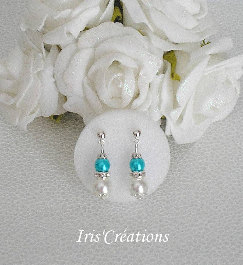 Bora Strass Perlen Weiß Und Türkis Ohrringe von IriscreationsBijoux